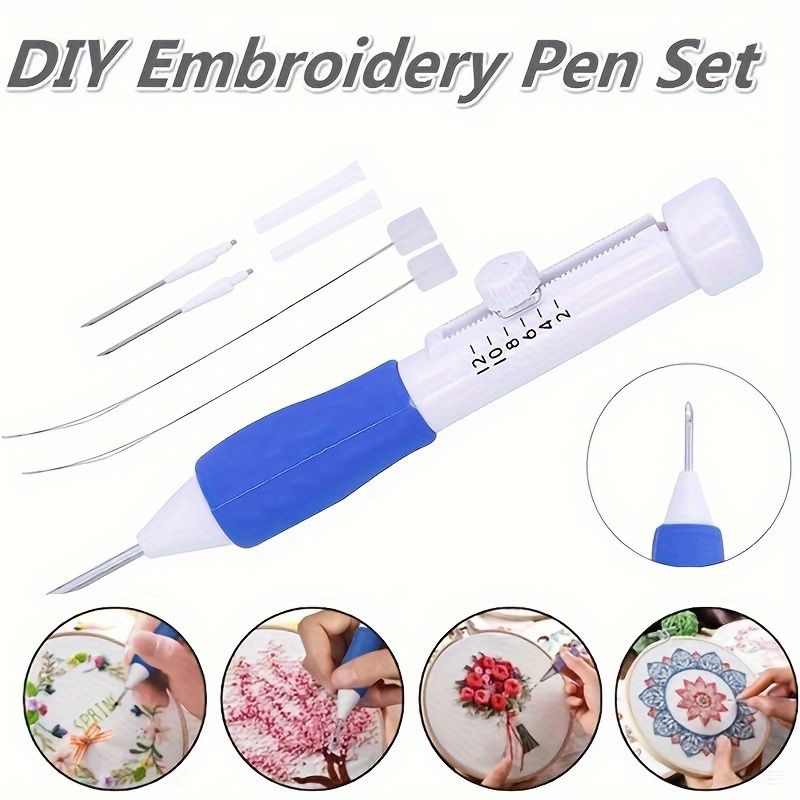 1 Piece Magic Embroidery Pen Set, Embroidery Threading Needle Kit, Adjustable Needle Size for DIY Sewing, 3 Needles with Threader and Scissors, Ergonomic Fabric Craft Design