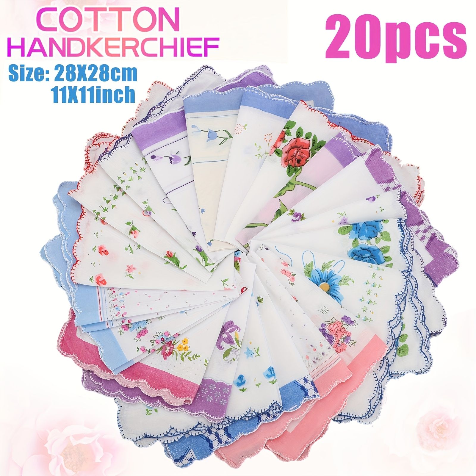 5-10PC Women's 100% Cotton Handkerchiefs, Vintage Floral Handkerchiefs, Non-Fabric, Various Patterns, Hand Washed or Dry Cleaned, Square, Women's Pocket Handkerchiefs, Woven Design