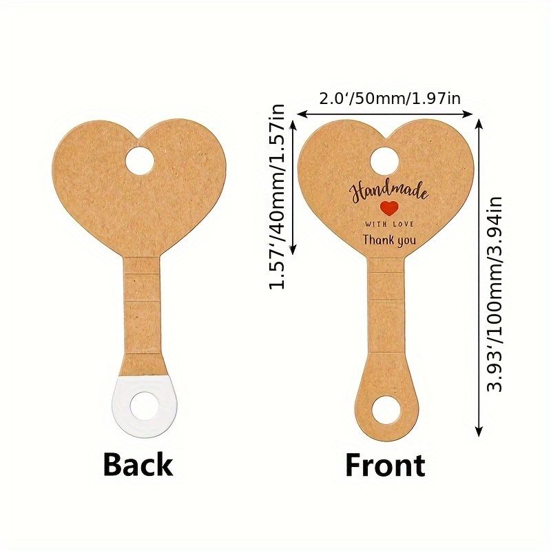 100-Pack Heart-Shaped Kraft Paper Jewelry Tags with Adhesive - Glam Style Necklace Display Cards for Small Businesses, DIY Crafts, Retail - Hanging Earrings, Bracelets, Headbands, Keychains Organizer