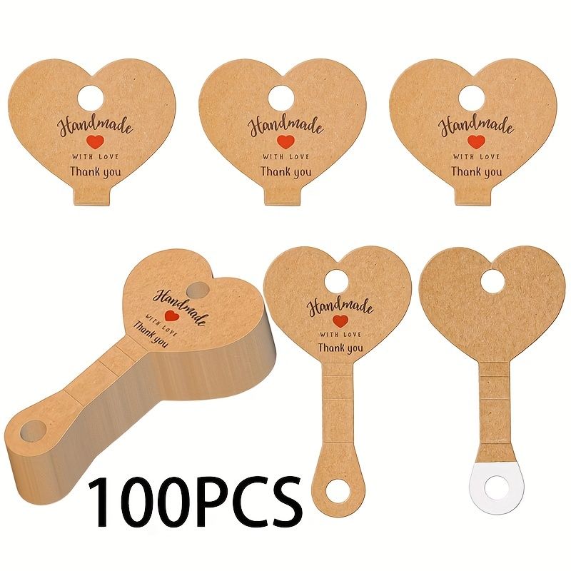 100-Pack Heart-Shaped Kraft Paper Jewelry Tags with Adhesive - Glam Style Necklace Display Cards for Small Businesses, DIY Crafts, Retail - Hanging Earrings, Bracelets, Headbands, Keychains Organizer