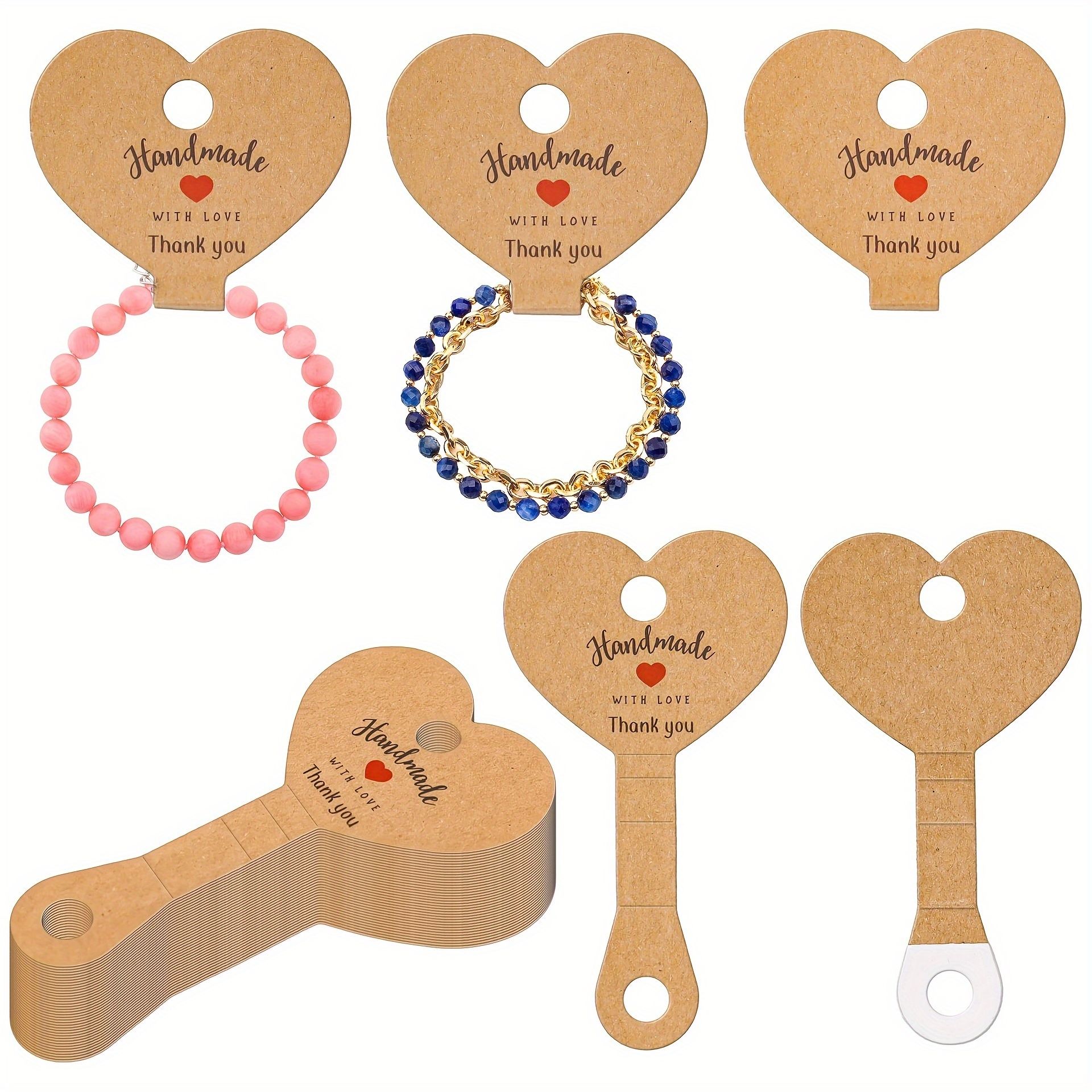 100-Pack Heart-Shaped Kraft Paper Jewelry Tags with Adhesive - Glam Style Necklace Display Cards for Small Businesses, DIY Crafts, Retail - Hanging Earrings, Bracelets, Headbands, Keychains Organizer