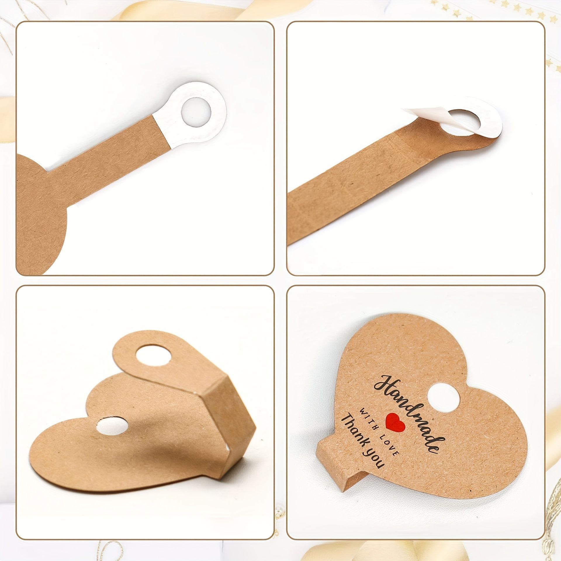 100-Pack Heart-Shaped Kraft Paper Jewelry Tags with Adhesive - Glam Style Necklace Display Cards for Small Businesses, DIY Crafts, Retail - Hanging Earrings, Bracelets, Headbands, Keychains Organizer