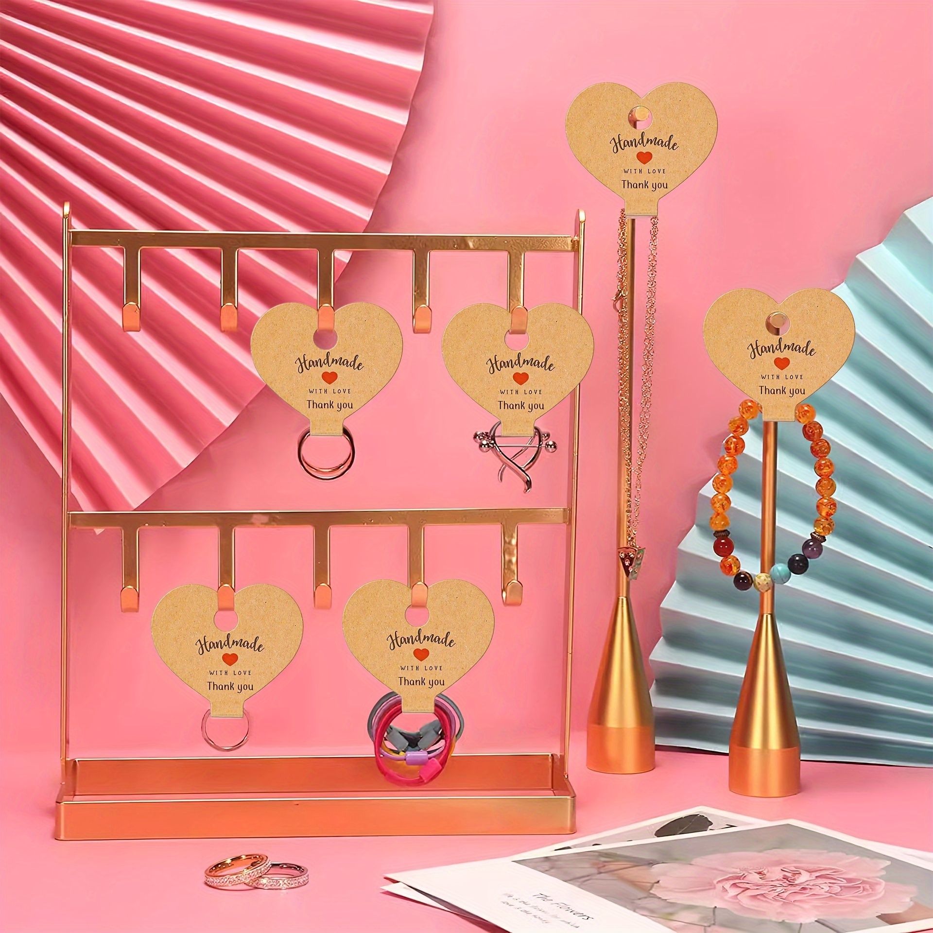 100-Pack Heart-Shaped Kraft Paper Jewelry Tags with Adhesive - Glam Style Necklace Display Cards for Small Businesses, DIY Crafts, Retail - Hanging Earrings, Bracelets, Headbands, Keychains Organizer