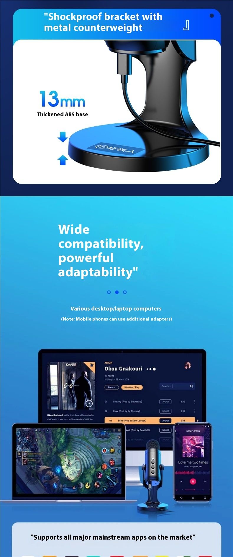 Professional USB Condenser Microphone Studio Recording Mic for PC Computer Gaming Streaming Podcasting Laptop Desktop