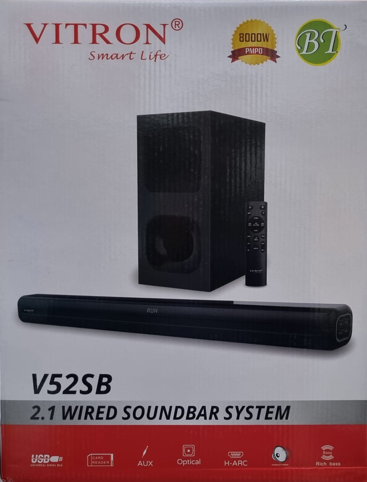 VITRON V52SB 2.1 WIRED SOUNDBAR SYSTEM - Remote Control, 8000watts, Bluetooth, Aux/Digital FM ready, USB Support, Sd card .