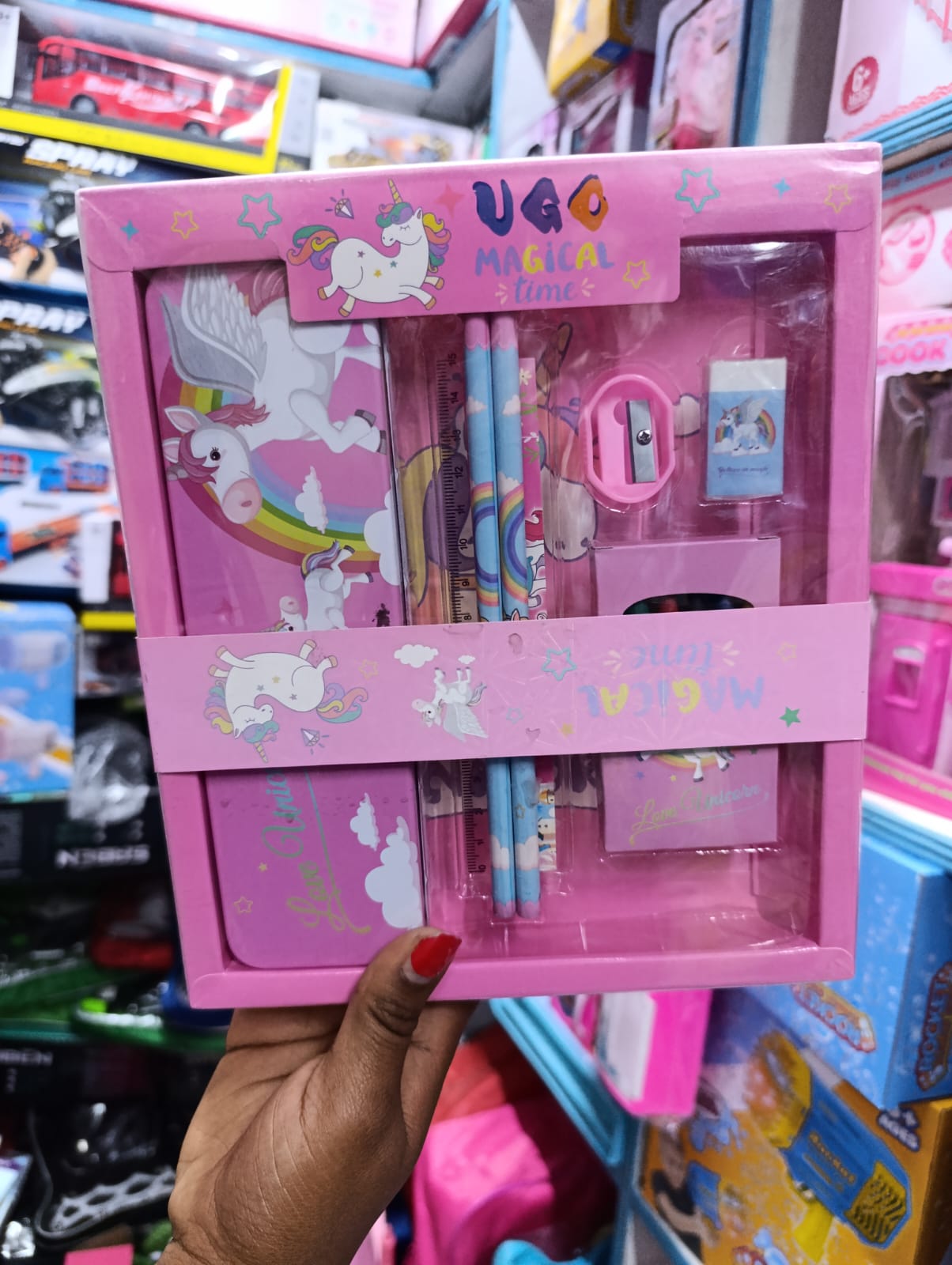 CARTOON THEMED PENCIL BOX SET FOR KIDS - Unicorn Multicore Pen, Unicorn Scale, Eraser, Sharpner Unicorn Diary (Stationary Set with UnicornTheme Cryons.