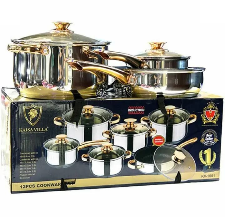 12 PCS KAISA VILLA STAINLESS STEEL COOKWARE SET - Magnetic stainless steel exterior is visually appealing, durable, easy to clean and suitable for all cooking surfaces including induction .