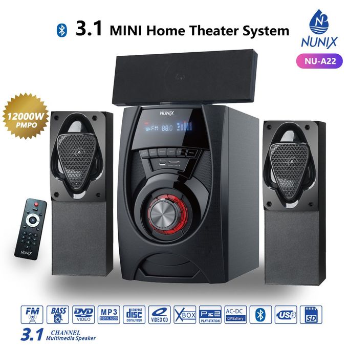NUNIX (NU-A22) MINI HOME THEATRE SPEAKER SYSTEM - Amazing Sound, Super Bass surround, Hightech Multimedia, Aux/FM ready, USB Support, 12000W PMPO, Bluetooth .