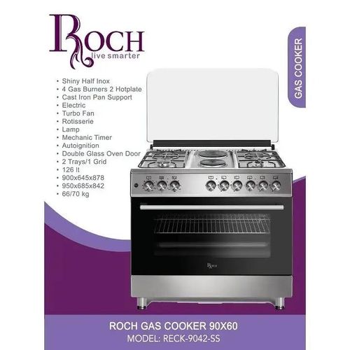 Roch 60×90, 4 Gas Burners + 2 Electric Hotplates Standing Cooker , Full Oven, Standing Cooker