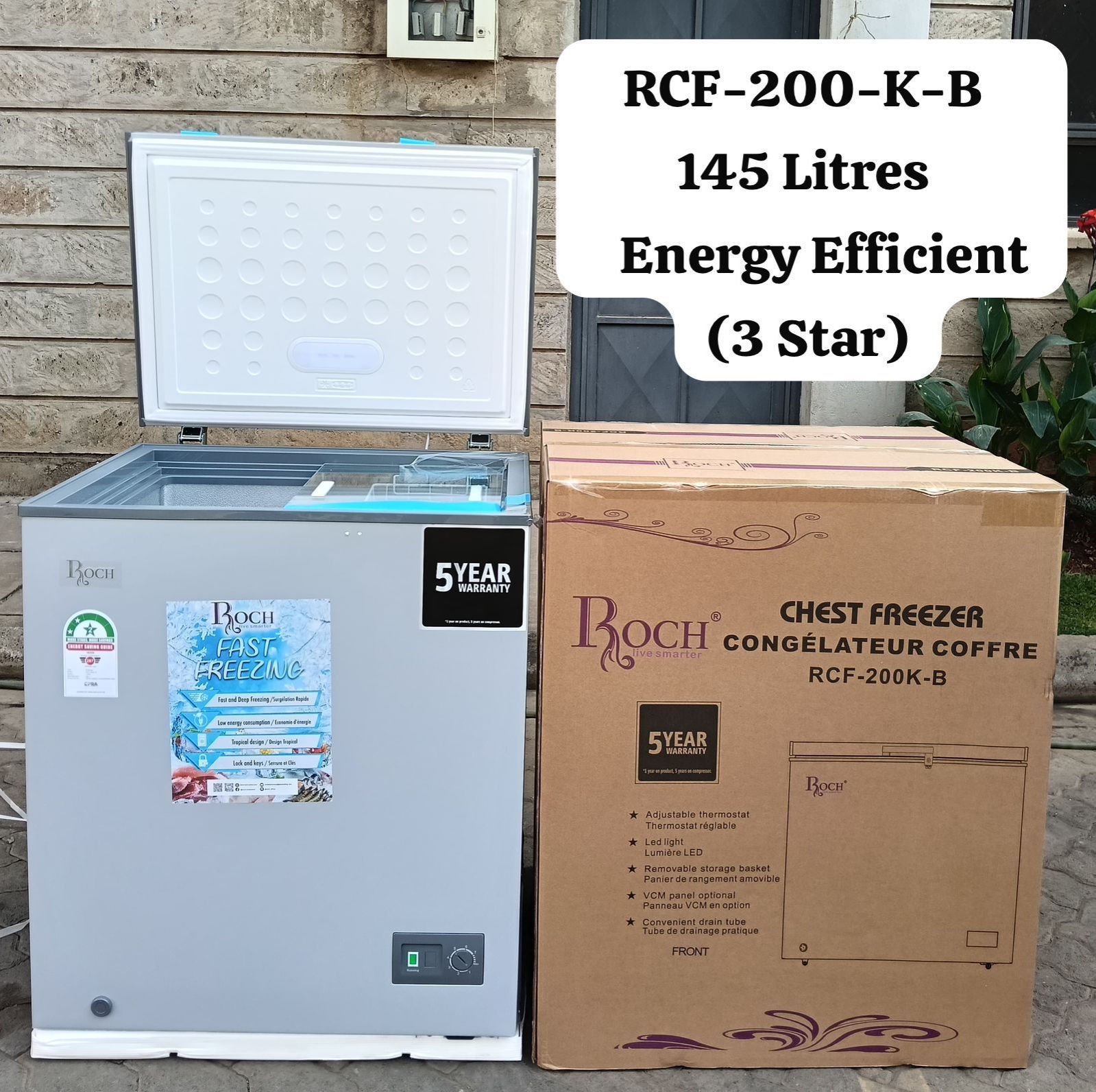 145 LITRES ROCH CHEST FREEZER, With lock and key and handle, Lighting, Adjustable thermostat, Convenient draining tube, Removable basket.