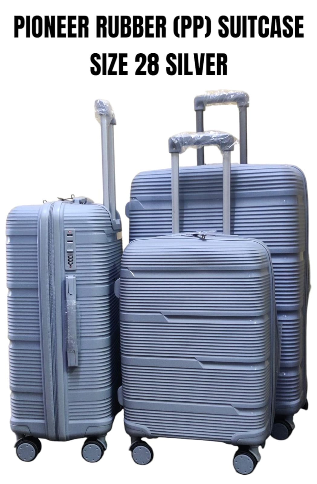 3 IN 1 Pioneer Size 28 PP Rubber Suitcase – Grey, Durable PP rubber construction for long life, Sleek grey finish with modern design, Smooth wheels for effortless mobility,  Upgrade your travel gear.