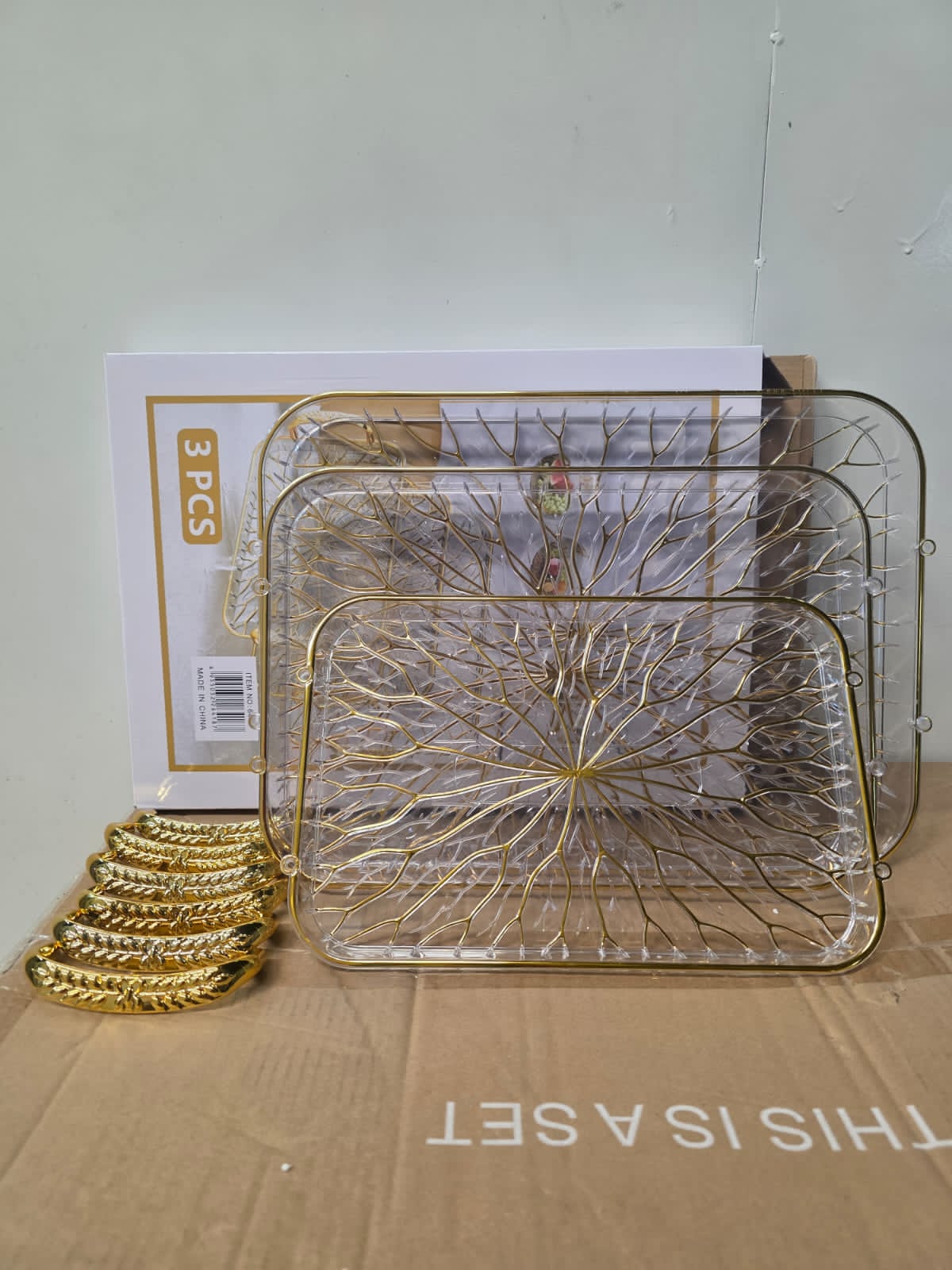 3-Piece Acrylic Tray Set – Clear with Gold Decor & Handles, Transparent acrylic design with stylish gold accents, Comes with convenient handles for easy carrying.