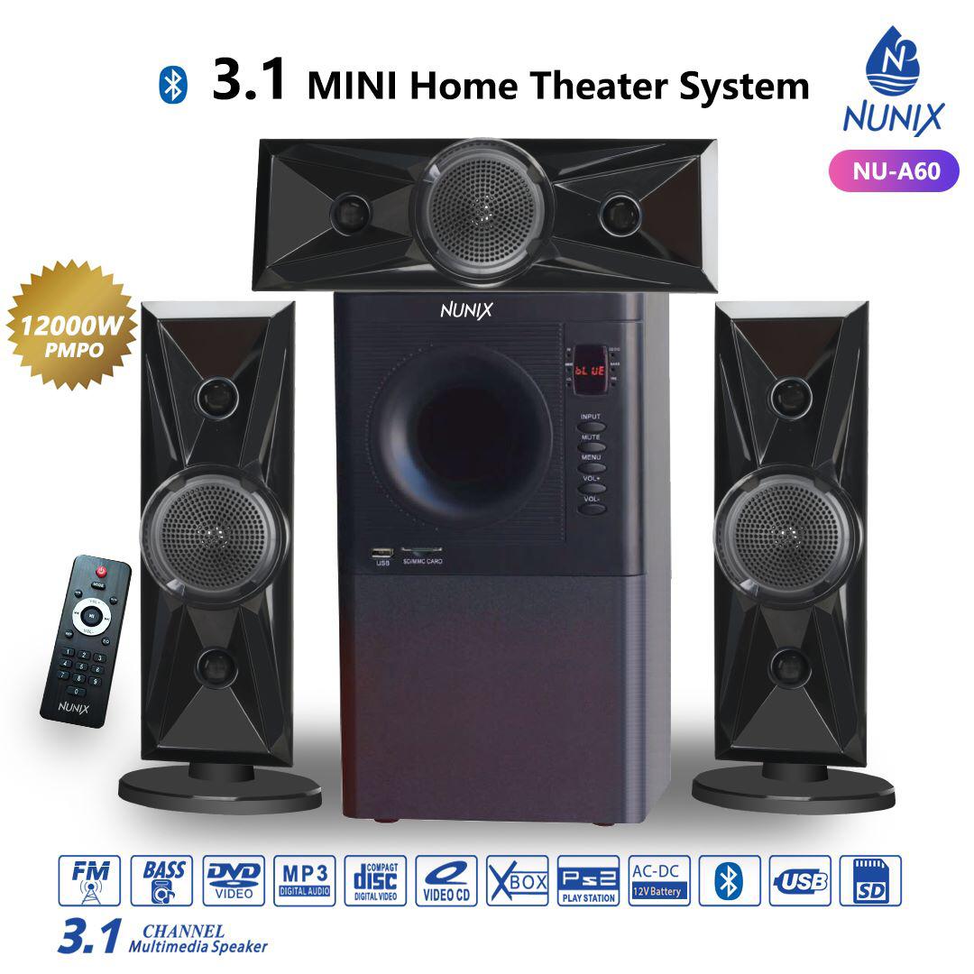 Nunix 3.1 Mini Home Theater System NU-A60 And A Remote Control   This sound system is designed for the extreme entertainment lovers to enjoy their amazing music and movies with sound clarity never he