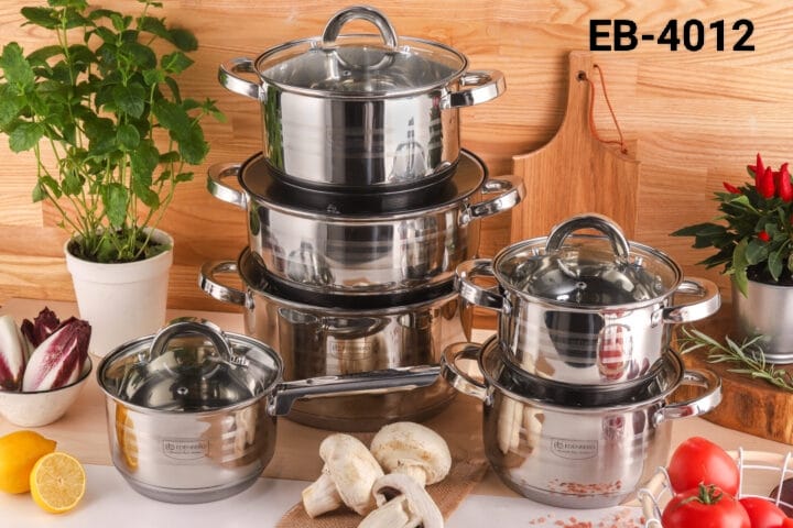 EDENBERG 12 pieces stainless steel cookware set   Suitable to cook any recipe and selected to handle a large range of kitchen tasks. Exceptionally durable dishwasher safe cookware for easy clean up. D