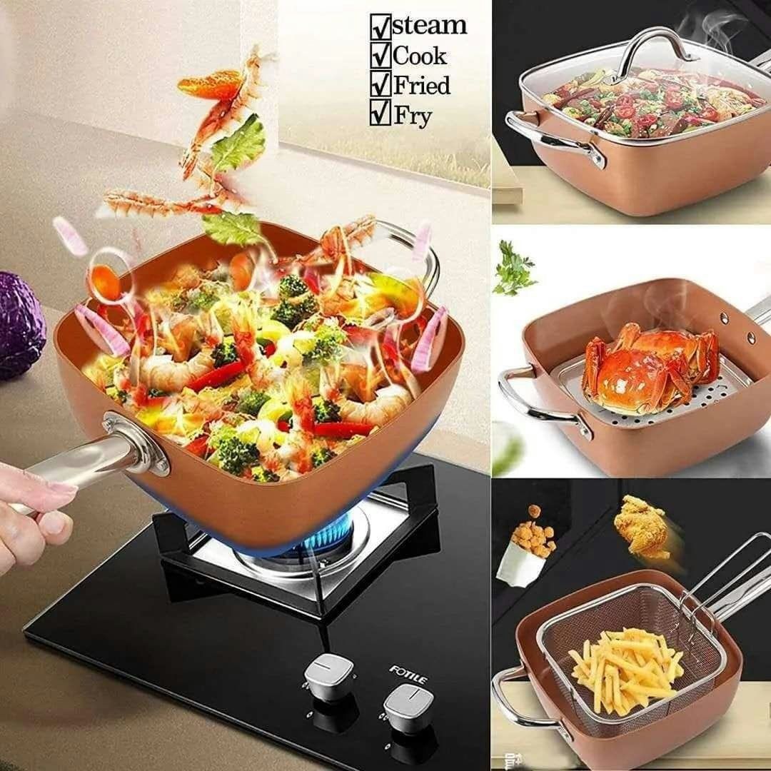 Copper pan deep frying pan  The quality copper is used to provide durability so that the saute pan can be used for extended periods of cook time.