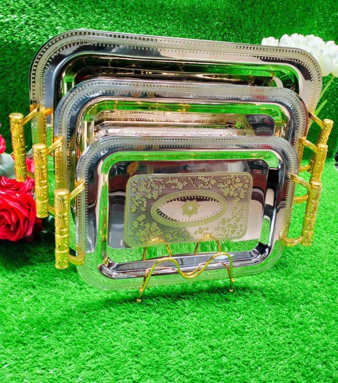 3 pxs trayStainless Steel Serving Tray Set Of 3 is perfect for your dining table and kitchen decorations. High quality & different sizes sliver rectangular decorative serving tray set with designer go