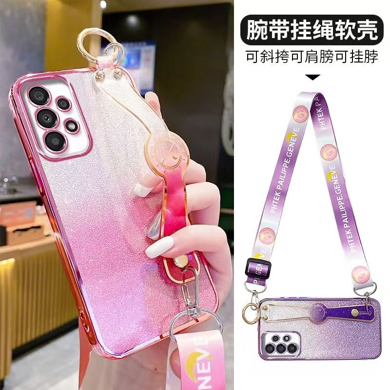 New - Wrist Strap Rope Transparent With Glitter Paper 2 in 1 Phone Case For Samsung Galaxy A73 A53 A33 A23 A13 A72 A52 A32 A22 A12 A71 A51 A31 A11 A70 A50 A03s A02s A03 Core Protective Back Cover