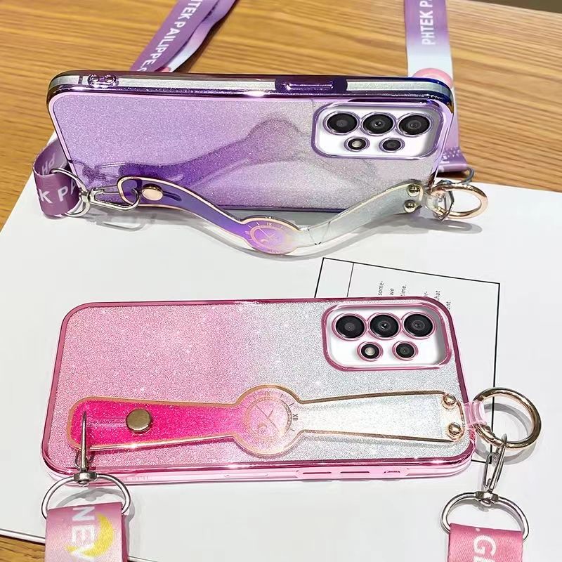 New - Wrist Strap Rope Transparent With Glitter Paper 2 in 1 Phone Case For Samsung Galaxy A73 A53 A33 A23 A13 A72 A52 A32 A22 A12 A71 A51 A31 A11 A70 A50 A03s A02s A03 Core Protective Back Cover