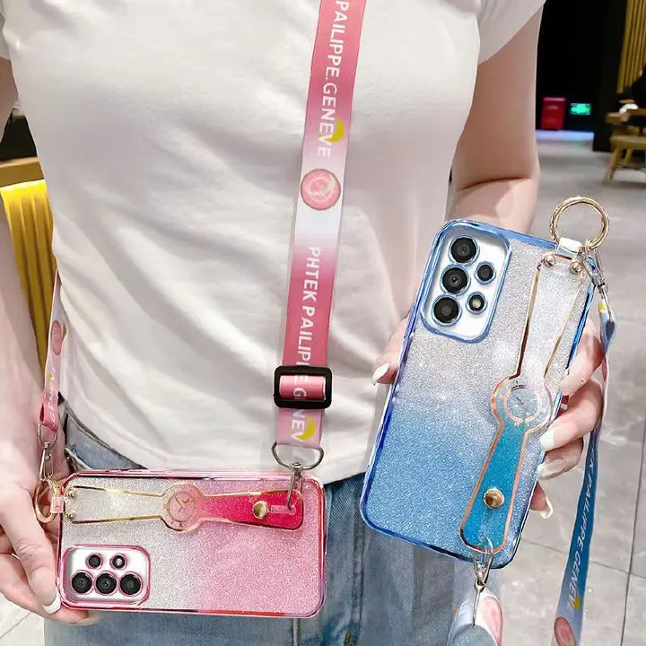 New - Wrist Strap Rope Transparent With Glitter Paper 2 in 1 Phone Case For Samsung Galaxy A73 A53 A33 A23 A13 A72 A52 A32 A22 A12 A71 A51 A31 A11 A70 A50 A03s A02s A03 Core Protective Back Cover