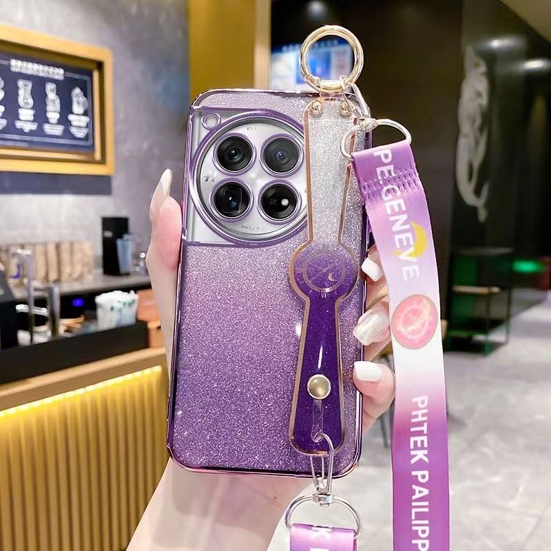 New - Wrist Strap Rope Transparent With Glitter Paper 2 in 1 Phone Case For OnePlus 12 -5G Protective Back Cover