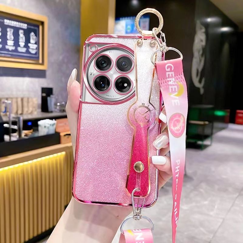 New - Wrist Strap Rope Transparent With Glitter Paper 2 in 1 Phone Case For OnePlus 12 -5G Protective Back Cover