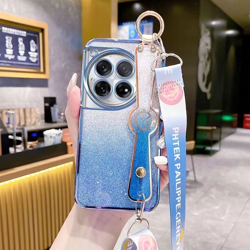 New - Wrist Strap Rope Transparent With Glitter Paper 2 in 1 Phone Case For OnePlus 12 -5G Protective Back Cover