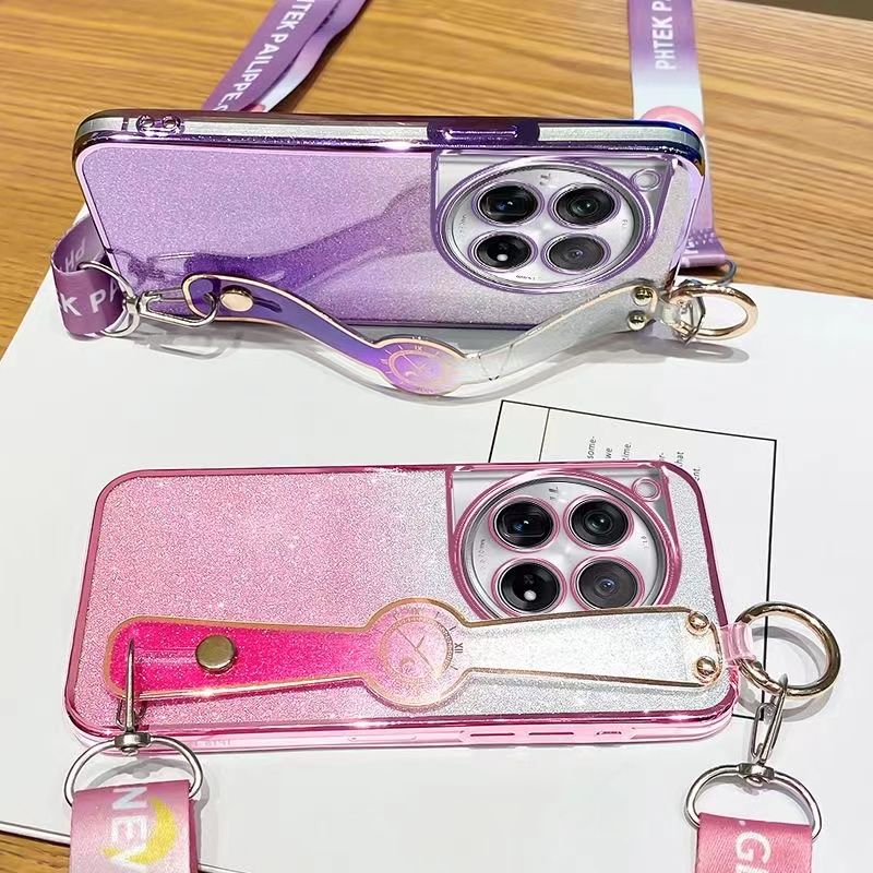New - Wrist Strap Rope Transparent With Glitter Paper 2 in 1 Phone Case For OnePlus 12 -5G Protective Back Cover