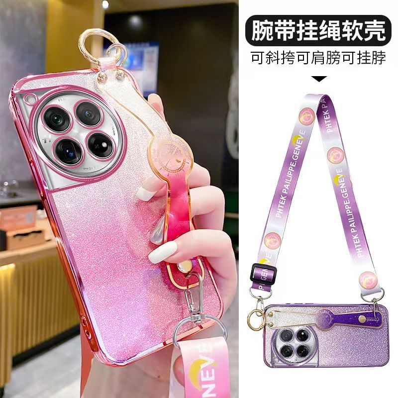 New - Wrist Strap Rope Transparent With Glitter Paper 2 in 1 Phone Case For OnePlus 12 -5G Protective Back Cover