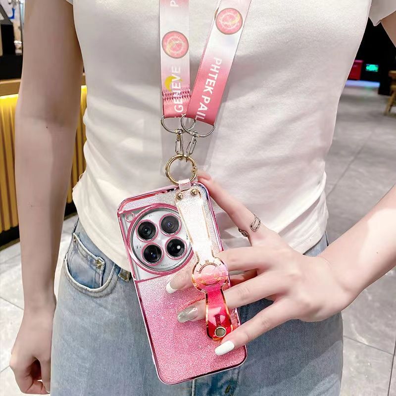 New - Wrist Strap Rope Transparent With Glitter Paper 2 in 1 Phone Case For OnePlus 12 -5G Protective Back Cover