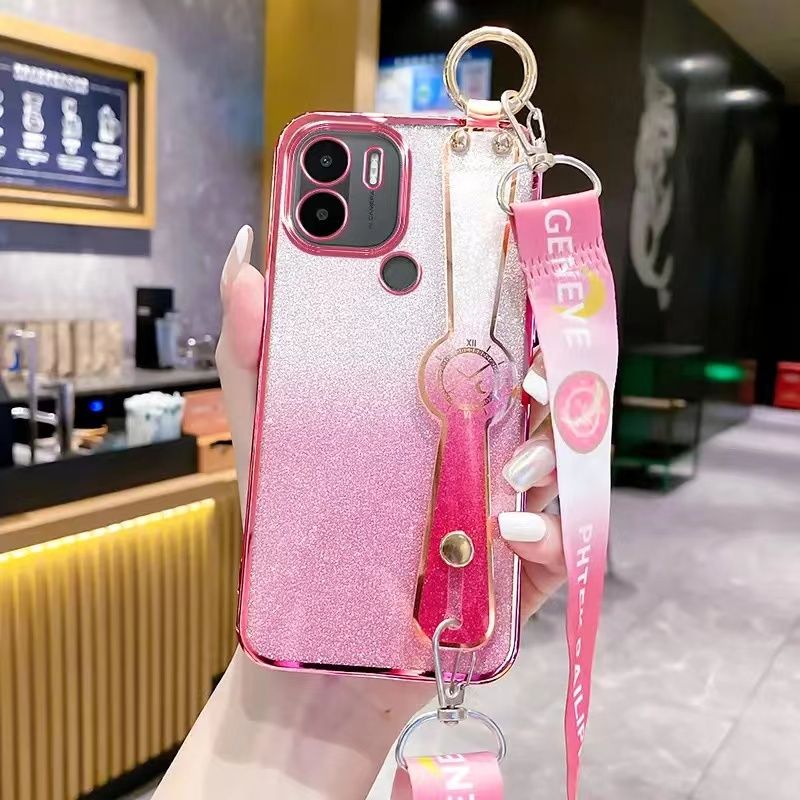 New - Wrist Strap Rope Transparent With Glitter Paper 2 in 1 Phone Case For Xiaomi Redmi A2+ Plus/A1+ Plus Protective Back Cover