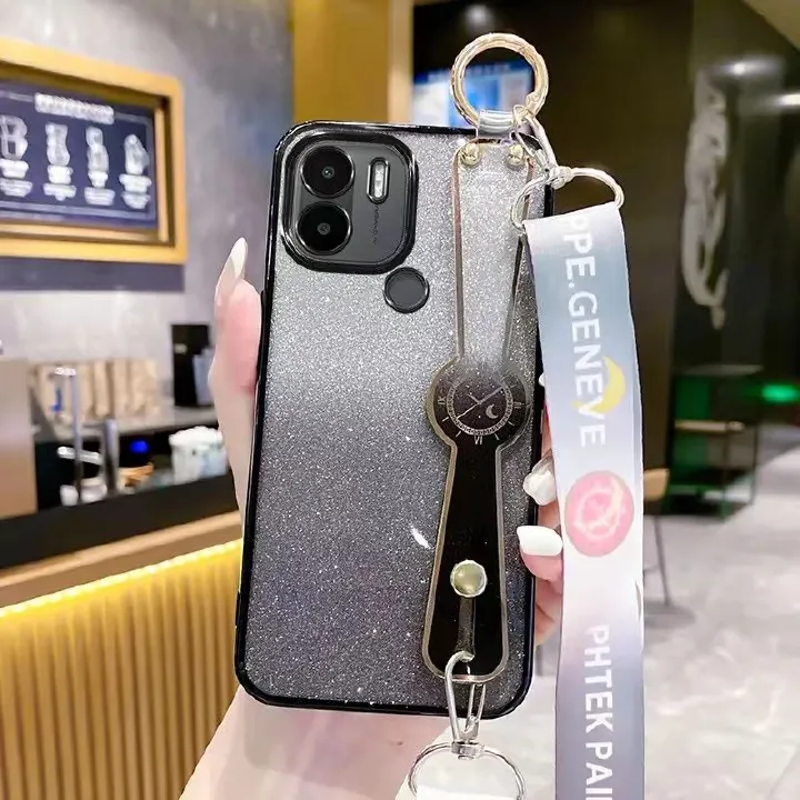New - Wrist Strap Rope Transparent With Glitter Paper 2 in 1 Phone Case For Xiaomi Redmi A2+ Plus/A1+ Plus Protective Back Cover