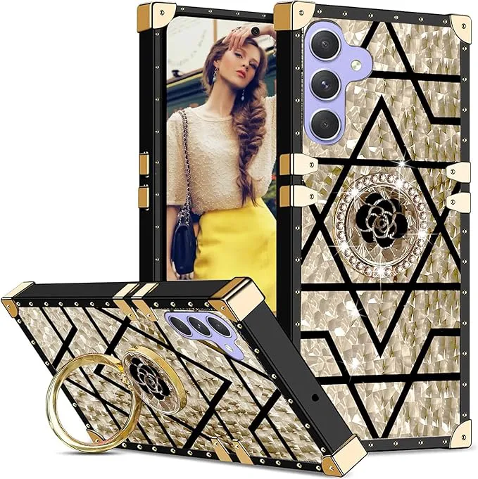 Classic Square Phone Case For Samsung Galaxy A55 A35 A25 A15 A05s A05 A54 A34 A24 A14 A04s A04e A04 With Ring Holder, Luxurious And Elegant Metal Decorative Corner Soft TPU Women's Protective Case