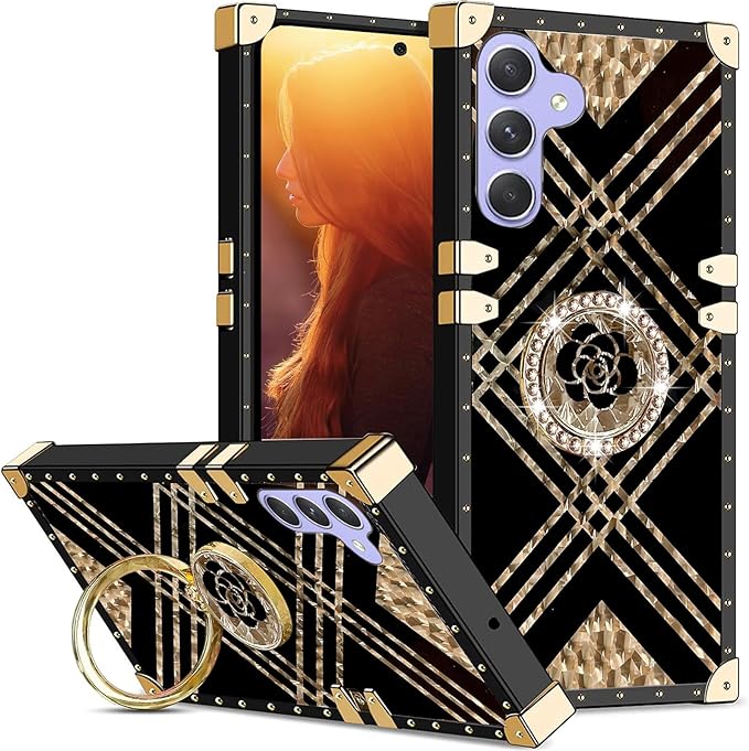 Classic Square Phone Case For Samsung Galaxy A55 A35 A25 A15 A05s A05 A54 A34 A24 A14 A04s A04e A04 With Ring Holder, Luxurious And Elegant Metal Decorative Corner Soft TPU Women's Protective Case