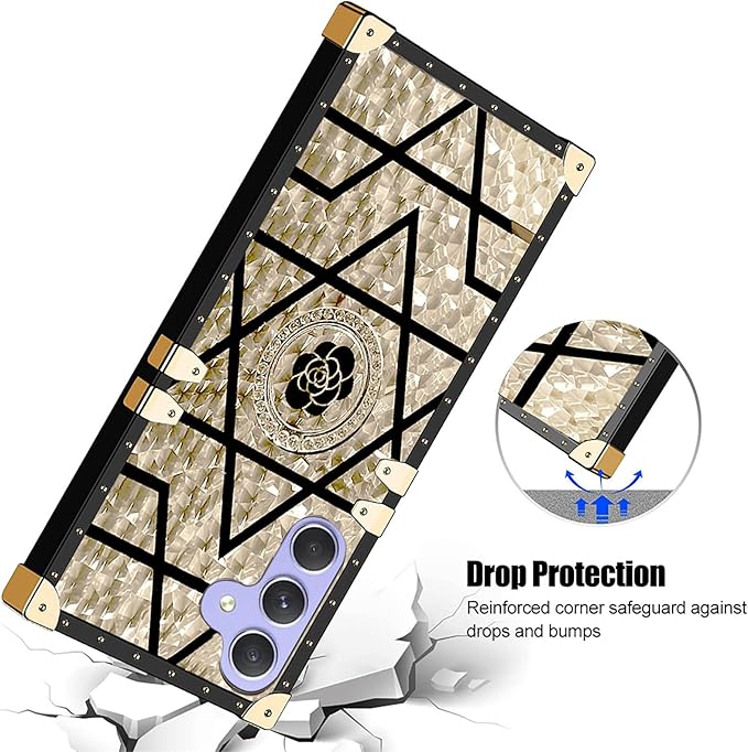 Classic Square Phone Case For Samsung Galaxy A55 A35 A25 A15 A05s A05 A54 A34 A24 A14 A04s A04e A04 With Ring Holder, Luxurious And Elegant Metal Decorative Corner Soft TPU Women's Protective Case