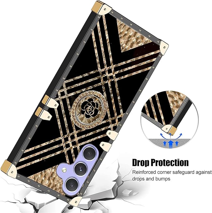 Classic Square Phone Case For Samsung Galaxy A55 A35 A25 A15 A05s A05 A54 A34 A24 A14 A04s A04e A04 With Ring Holder, Luxurious And Elegant Metal Decorative Corner Soft TPU Women's Protective Case