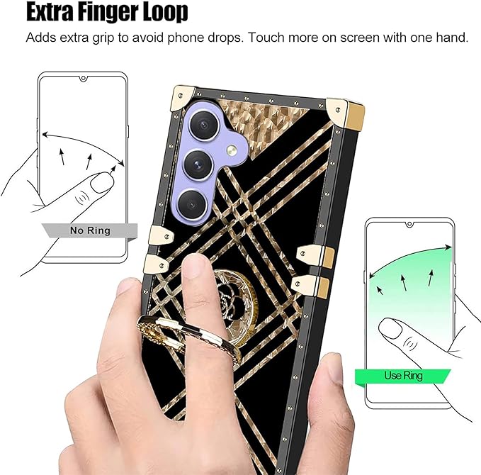 Classic Square Phone Case For Samsung Galaxy A55 A35 A25 A15 A05s A05 A54 A34 A24 A14 A04s A04e A04 With Ring Holder, Luxurious And Elegant Metal Decorative Corner Soft TPU Women's Protective Case