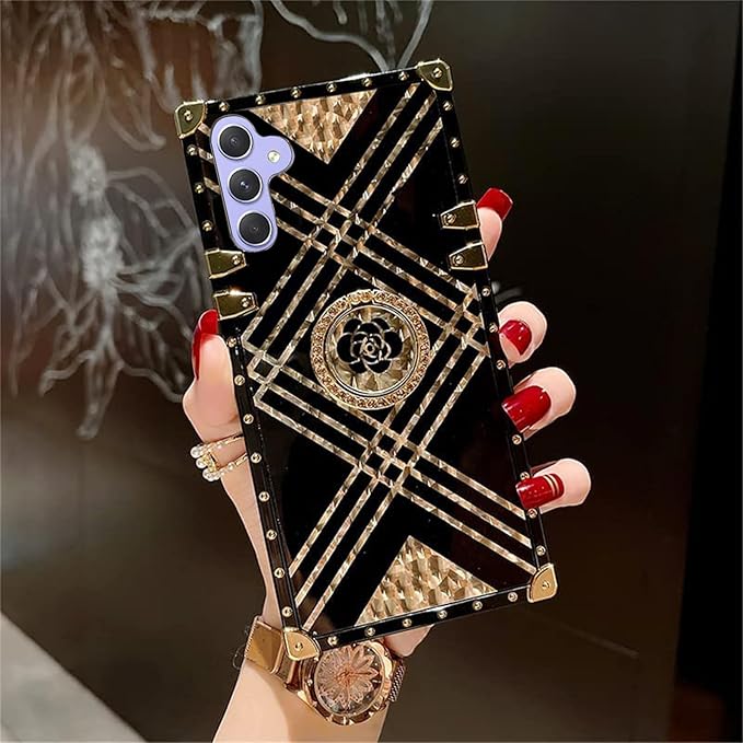 Classic Square Phone Case For Samsung Galaxy A55 A35 A25 A15 A05s A05 A54 A34 A24 A14 A04s A04e A04 With Ring Holder, Luxurious And Elegant Metal Decorative Corner Soft TPU Women's Protective Case