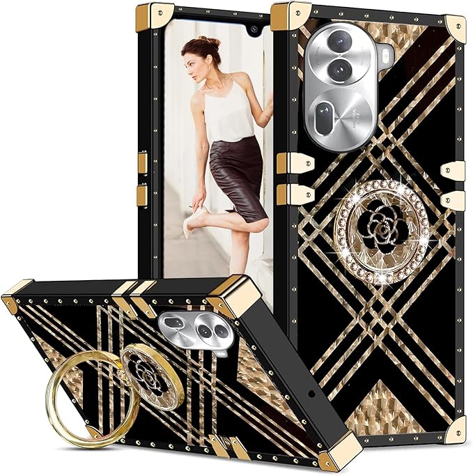 Square Phone Case For OPPO Reno 11 Pro 11 11F 10 Pro 8 8T A98 A78 A38 A18 A17 A57 A77 A97 With Ring Holder, Luxurious And Elegant Metal Decorative Corner Soft TPU Women's Protective Case