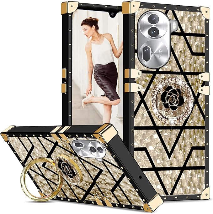 Square Phone Case For OPPO Reno 11 Pro 11 11F 10 Pro 8 8T A98 A78 A38 A18 A17 A57 A77 A97 With Ring Holder, Luxurious And Elegant Metal Decorative Corner Soft TPU Women's Protective Case
