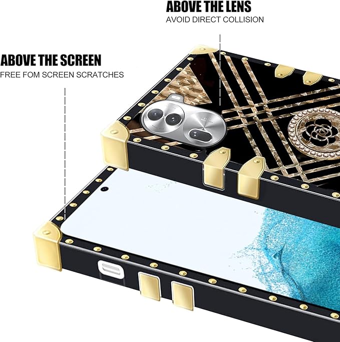 Square Phone Case For OPPO Reno 11 Pro 11 11F 10 Pro 8 8T A98 A78 A38 A18 A17 A57 A77 A97 With Ring Holder, Luxurious And Elegant Metal Decorative Corner Soft TPU Women's Protective Case