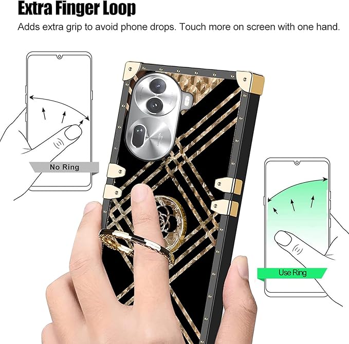 Square Phone Case For OPPO Reno 11 Pro 11 11F 10 Pro 8 8T A98 A78 A38 A18 A17 A57 A77 A97 With Ring Holder, Luxurious And Elegant Metal Decorative Corner Soft TPU Women's Protective Case