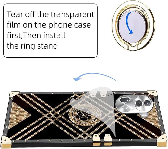 Square Phone Case For OPPO Reno 11 Pro 11 11F 10 Pro 8 8T A98 A78 A38 A18 A17 A57 A77 A97 With Ring Holder, Luxurious And Elegant Metal Decorative Corner Soft TPU Women's Protective Case