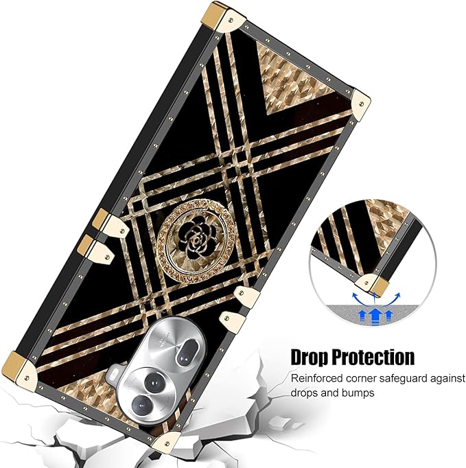 Square Phone Case For OPPO Reno 11 Pro 11 11F 10 Pro 8 8T A98 A78 A38 A18 A17 A57 A77 A97 With Ring Holder, Luxurious And Elegant Metal Decorative Corner Soft TPU Women's Protective Case