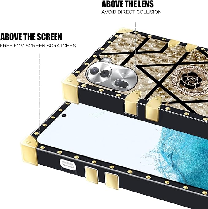 Square Phone Case For OPPO Reno 11 Pro 11 11F 10 Pro 8 8T A98 A78 A38 A18 A17 A57 A77 A97 With Ring Holder, Luxurious And Elegant Metal Decorative Corner Soft TPU Women's Protective Case