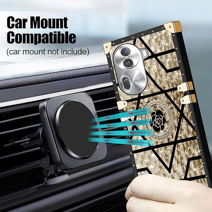 Square Phone Case For OPPO Reno 11 Pro 11 11F 10 Pro 8 8T A98 A78 A38 A18 A17 A57 A77 A97 With Ring Holder, Luxurious And Elegant Metal Decorative Corner Soft TPU Women's Protective Case