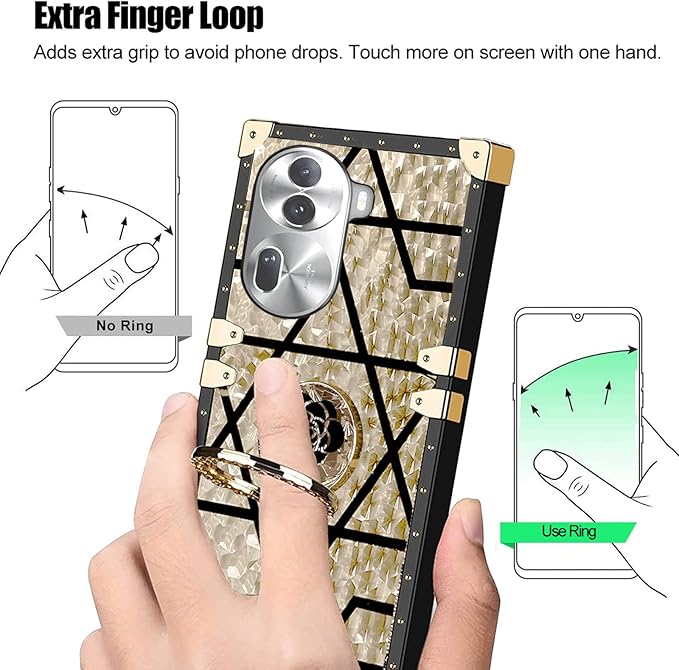 Square Phone Case For OPPO Reno 11 Pro 11 11F 10 Pro 8 8T A98 A78 A38 A18 A17 A57 A77 A97 With Ring Holder, Luxurious And Elegant Metal Decorative Corner Soft TPU Women's Protective Case