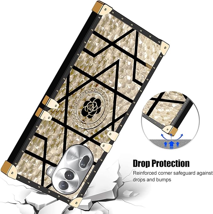 Square Phone Case For OPPO Reno 11 Pro 11 11F 10 Pro 8 8T A98 A78 A38 A18 A17 A57 A77 A97 With Ring Holder, Luxurious And Elegant Metal Decorative Corner Soft TPU Women's Protective Case