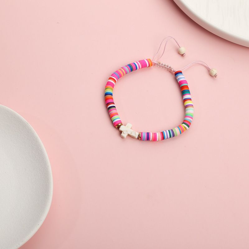 New Cross Bracelet Colorful Soft Ceramic White Pine Stone Cross Rope Weaving Women's Versatile