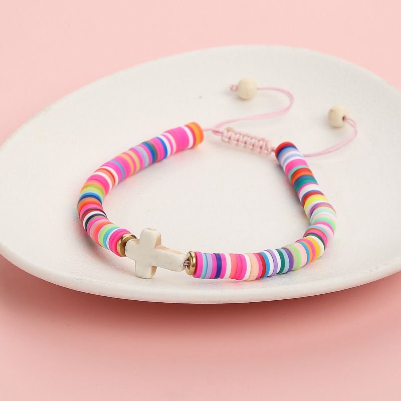 New Cross Bracelet Colorful Soft Ceramic White Pine Stone Cross Rope Weaving Women's Versatile