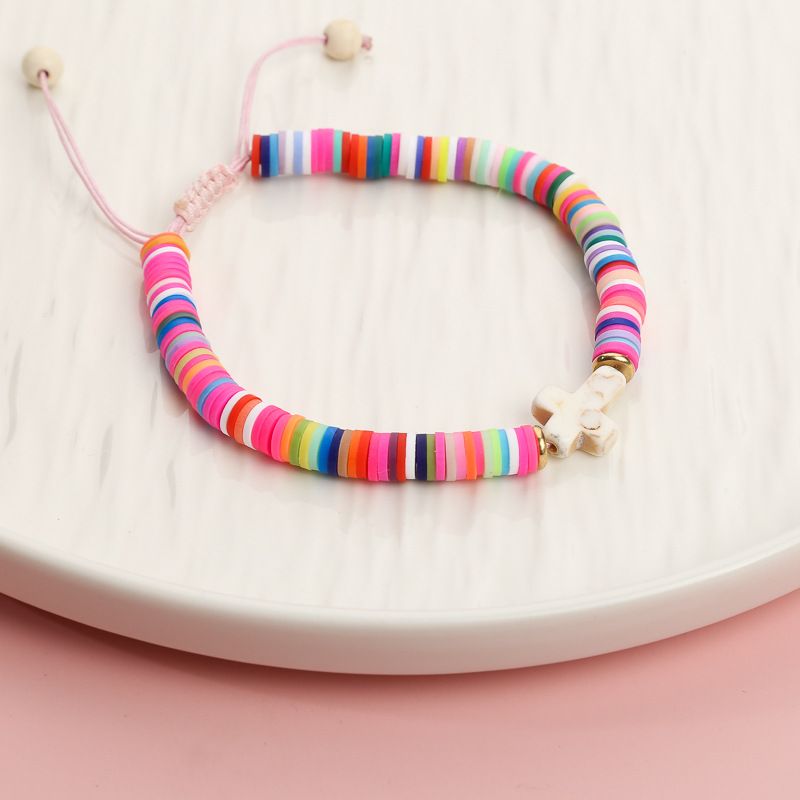 New Cross Bracelet Colorful Soft Ceramic White Pine Stone Cross Rope Weaving Women's Versatile